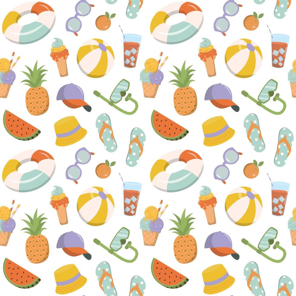 Summer kids pool party elements in pastel colors seamless pattern. Great for wallpaper, print. Isolated on white background. vector
