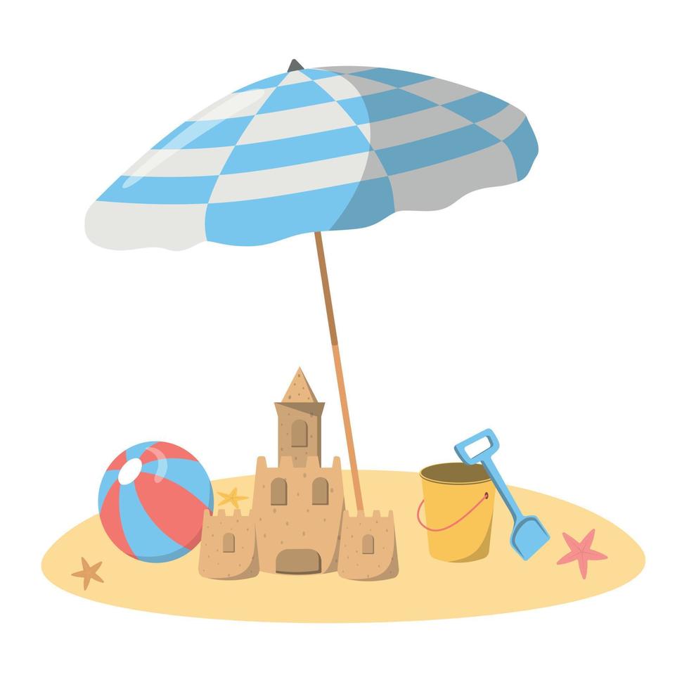 Beach children vacation illustration with a shovel, bucket, sand castle, ball, and parasol. Isolated on white background. Template for banner, poster, greeting card, etc vector