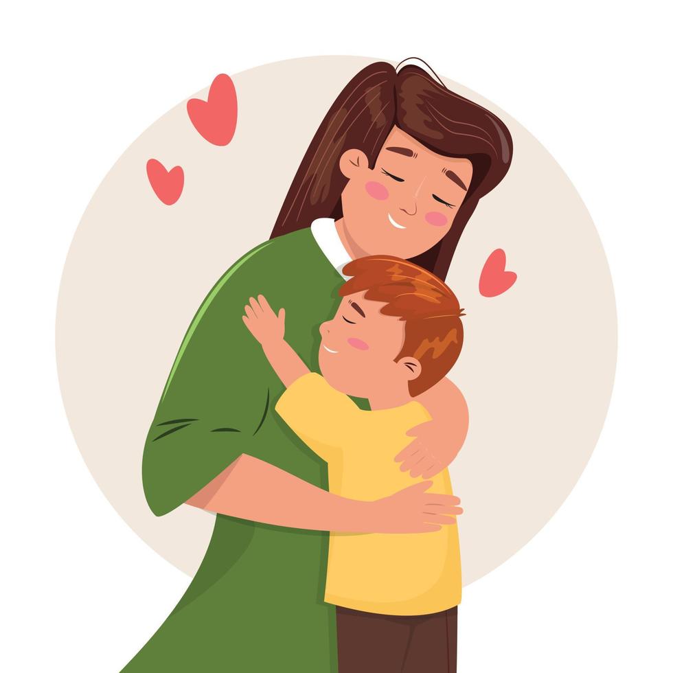 Cartoon illustration of a boy and mother hugging each other. Happy Mothers day. Parenthood, motherhood, love, care, childhood concept illustration. vector