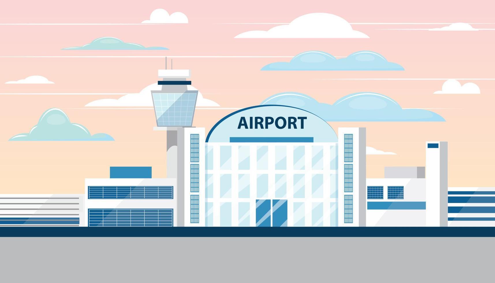 Modern illustration of airport building with control tower. Panoramic aerodrome landscape. Urban architecture with clouds and sky in the background. vector
