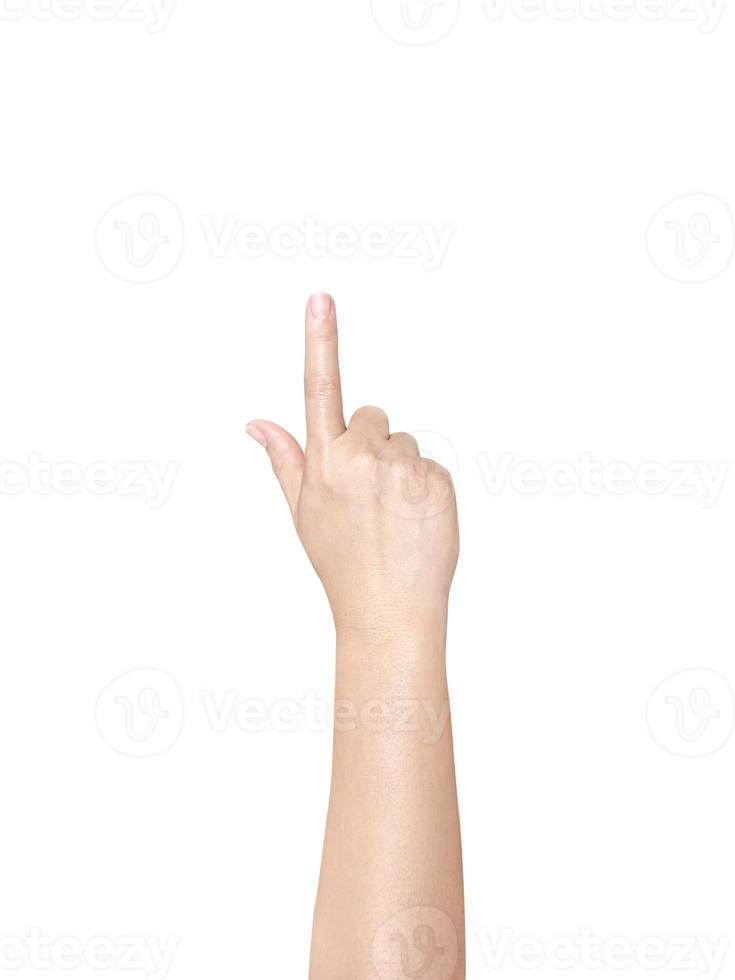 Female hand pointing upwards isolated on white background photo