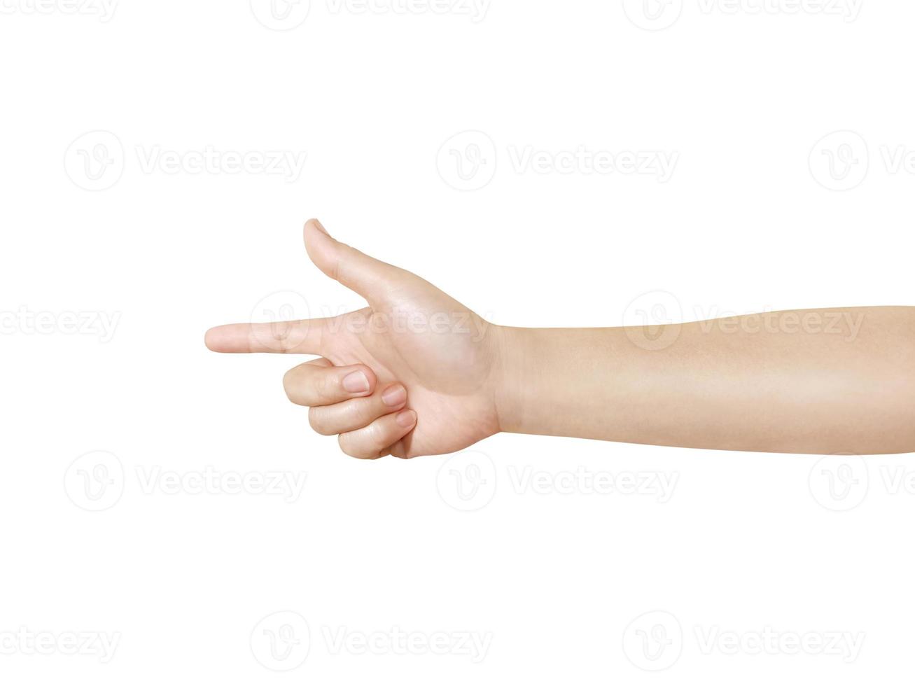female hand pointing forward isolated on white background photo