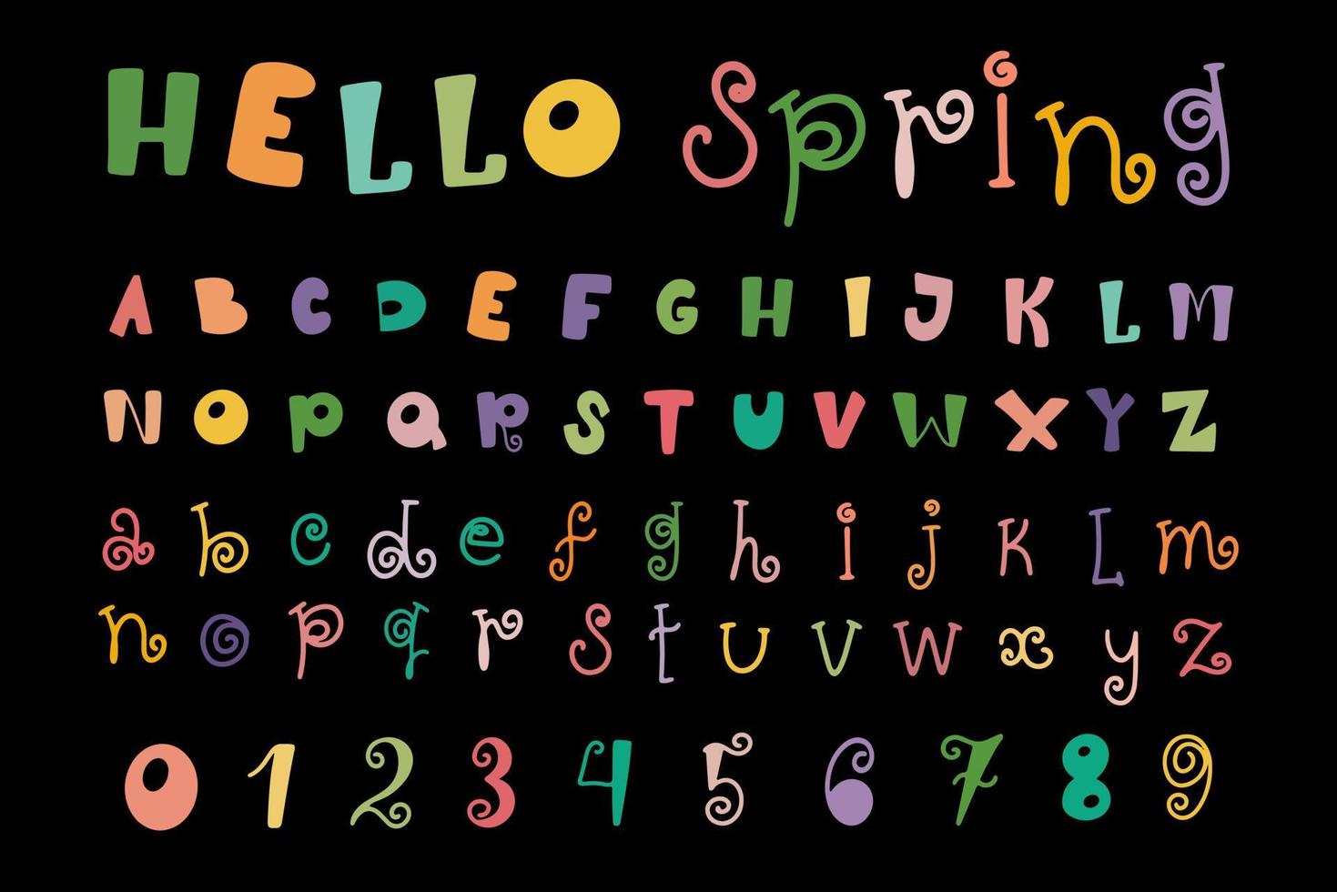 Vector font and alphabet. Abc, english letters and numbers. Spring collection