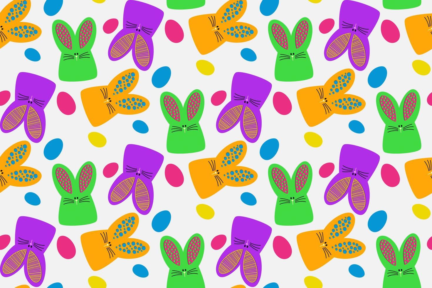 Vector seamless pattern with colorful rabbits and colorful eggs. Easter holiday background with rabbit