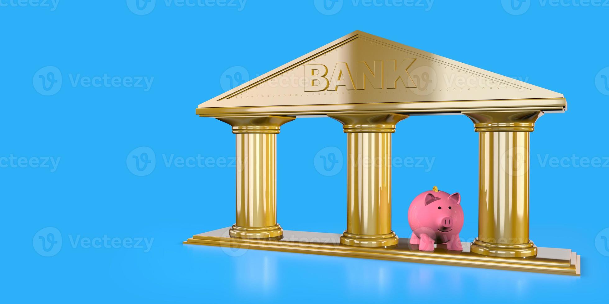 rosado cerámico cerdito banco en pie en banco icono con reflexivo oro textura en contra azul antecedentes foto