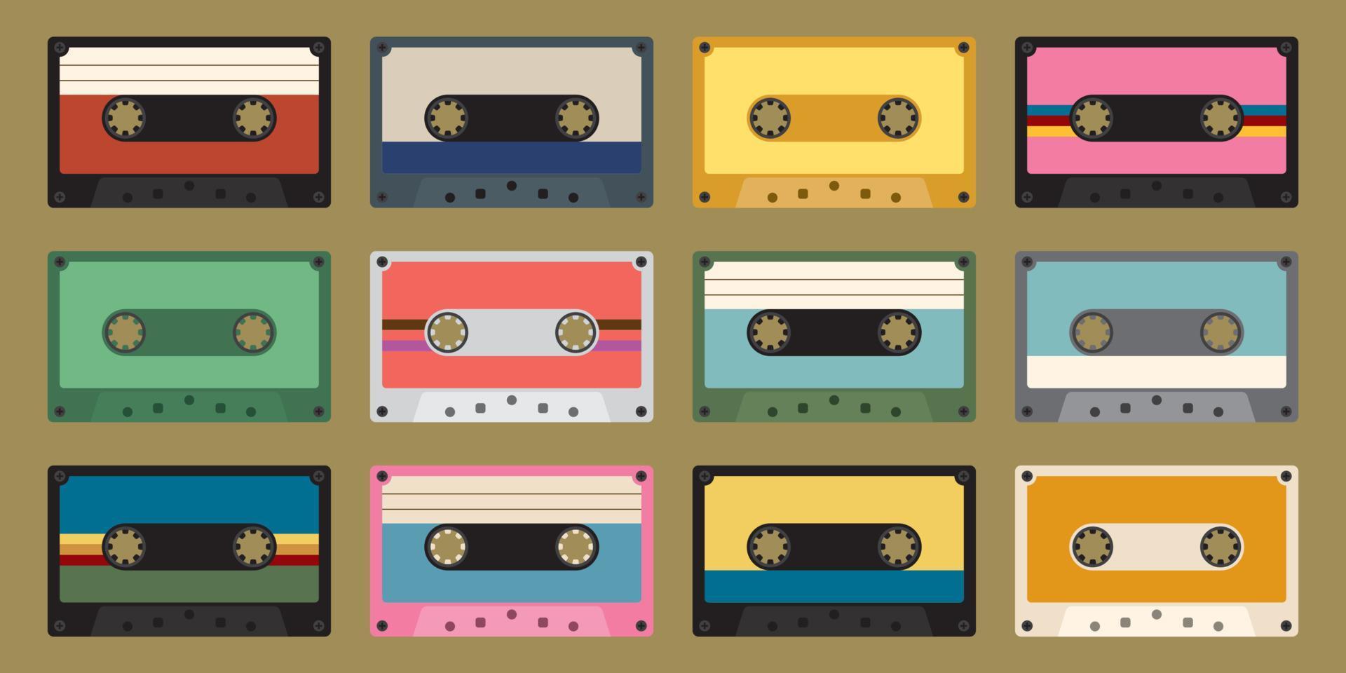 Colorful plastic audio cassette tapes flat design illustration. Set of different color music tapes. vector