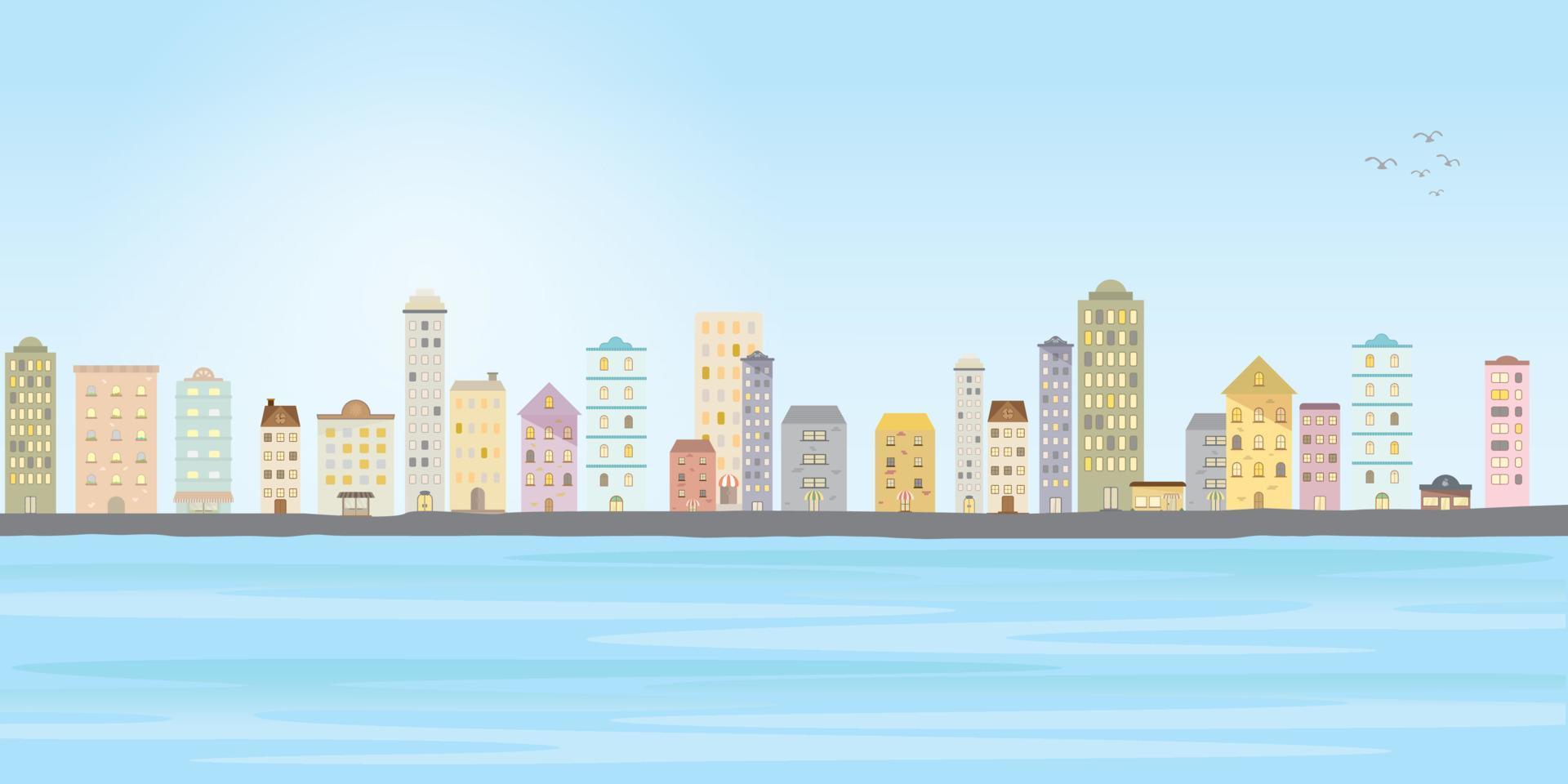 Cityscape view with sea in sunny day. City landscape daytime view with skyscraper building illustration in flat style design vector