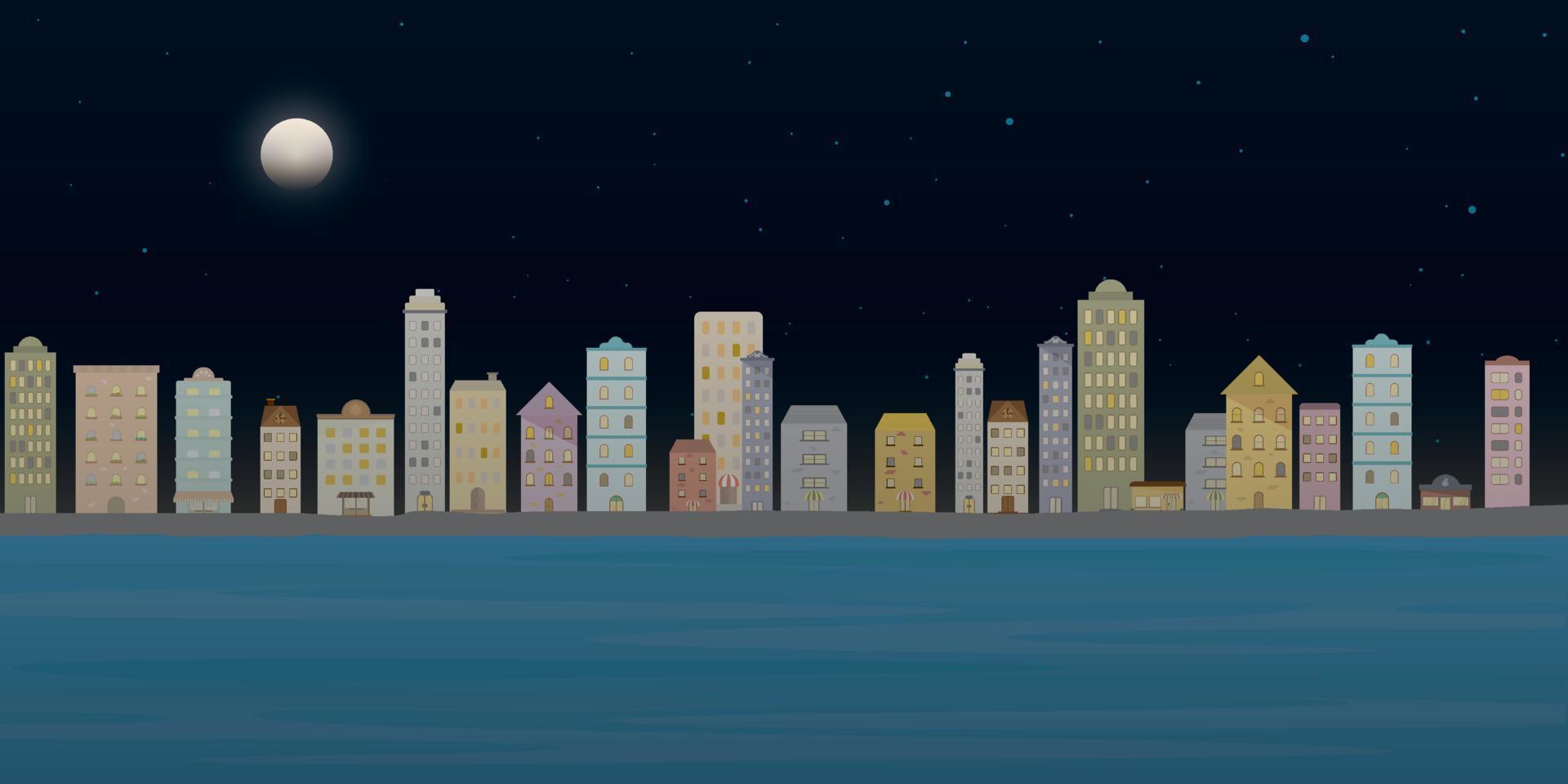 Cityscape view with sea at night. City landscape night time view with skyscraper building illustration in flat style design vector