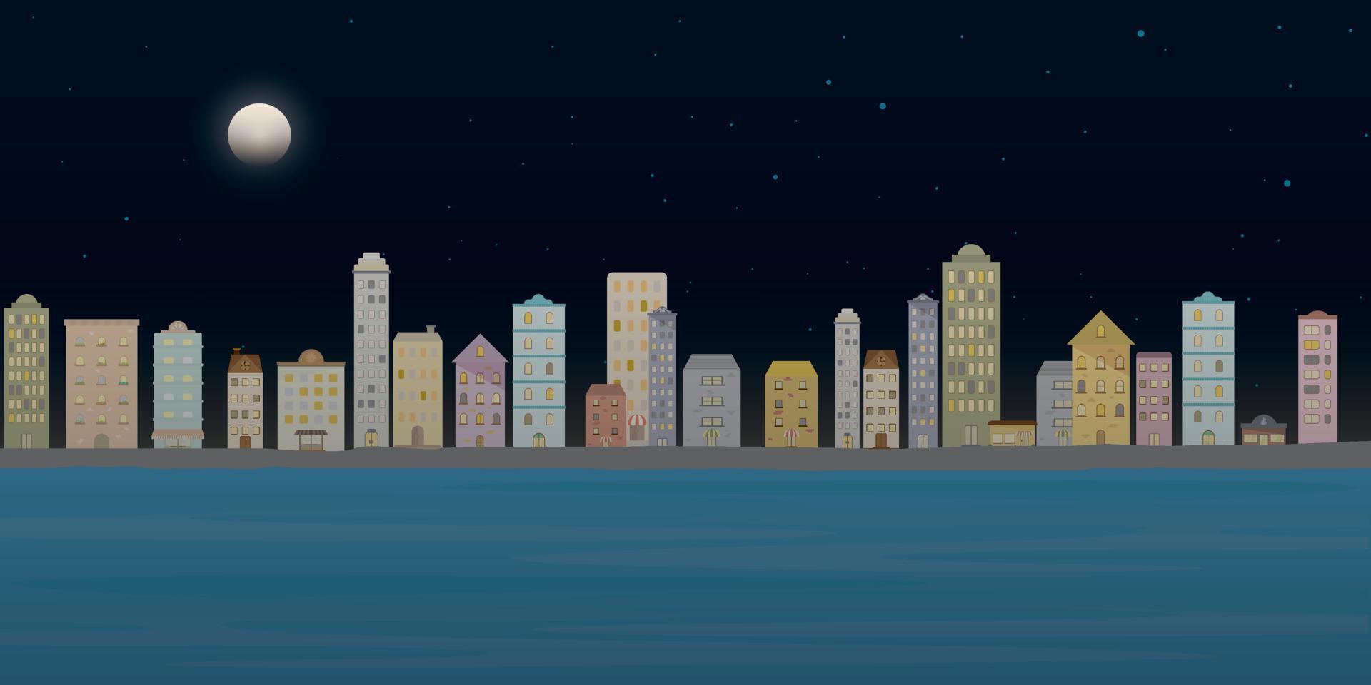 paisaje urbano ver con mar a noche. ciudad paisaje noche hora ver con rascacielos edificio ilustración en plano estilo diseño vector