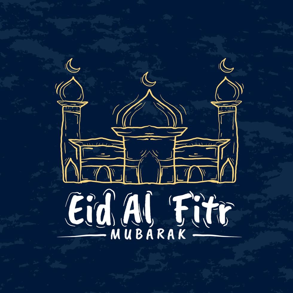 Happy Eid al-Fitr. Social media greeting card or poster with minimalistic hand drawn line style on dark blue background vector