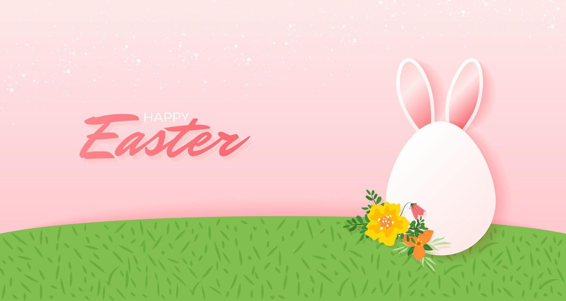 Vector card with cute Easter egg with rabbit ears and flowers on green field. Vector art in cartoon style. Happy Easter greeting card, poster, banner template.