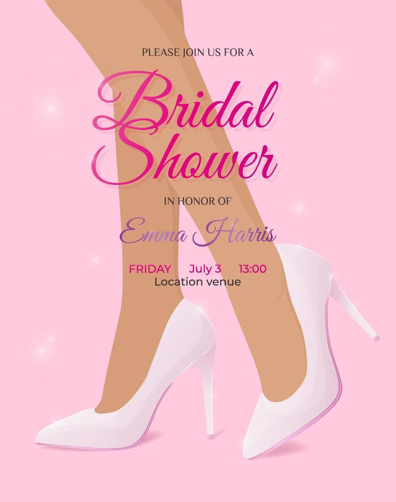 luxurious and elegant Bridal Shower invitation card. Female legs in wedding high heel shoes. Wedding stiletto heels with flares. Vector illustration