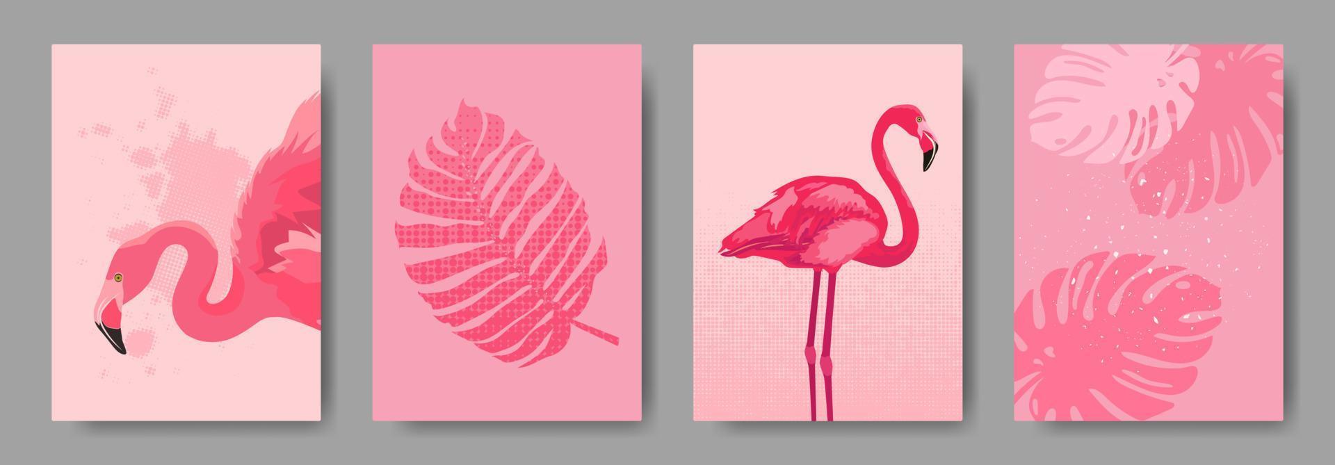 Abstract summer Covers set with pink flamingos and tropical palm leaves. Trendy Covers collection for birthday, decoration, save the date. Vector illustration