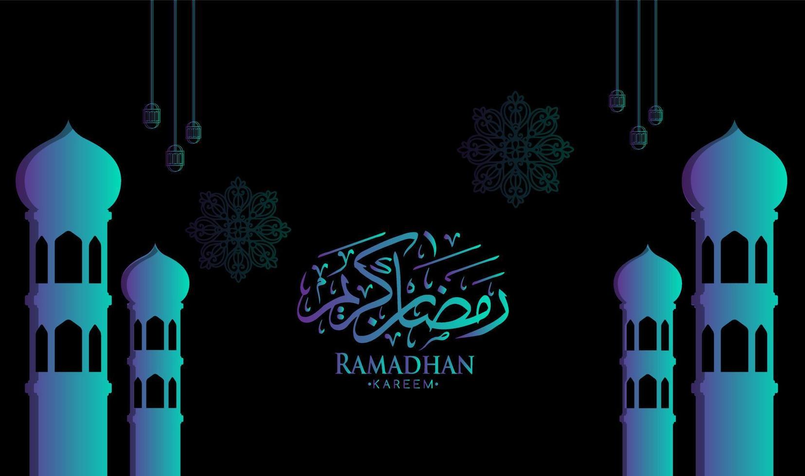 illustration vector graphic of Ramadan Kareem background is accompanied by pictures of mosques and lanterns,  suitable for backgrounds, templates, cards, etc