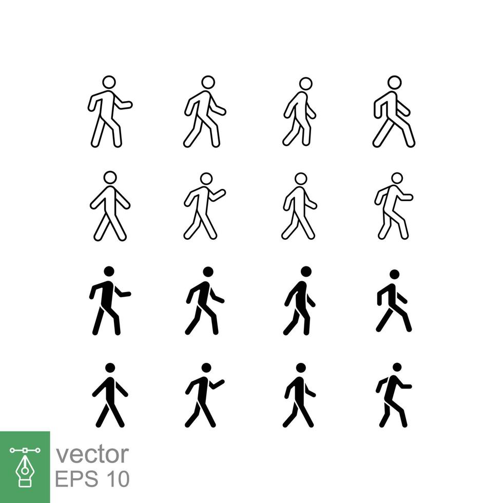 caminar línea y glifo icono colocar. sencillo contorno y sólido estilo recopilación. peatonal, hombre, pictograma, humano, lado, pasarela concepto símbolo. vector ilustración aislado en blanco antecedentes. eps 10