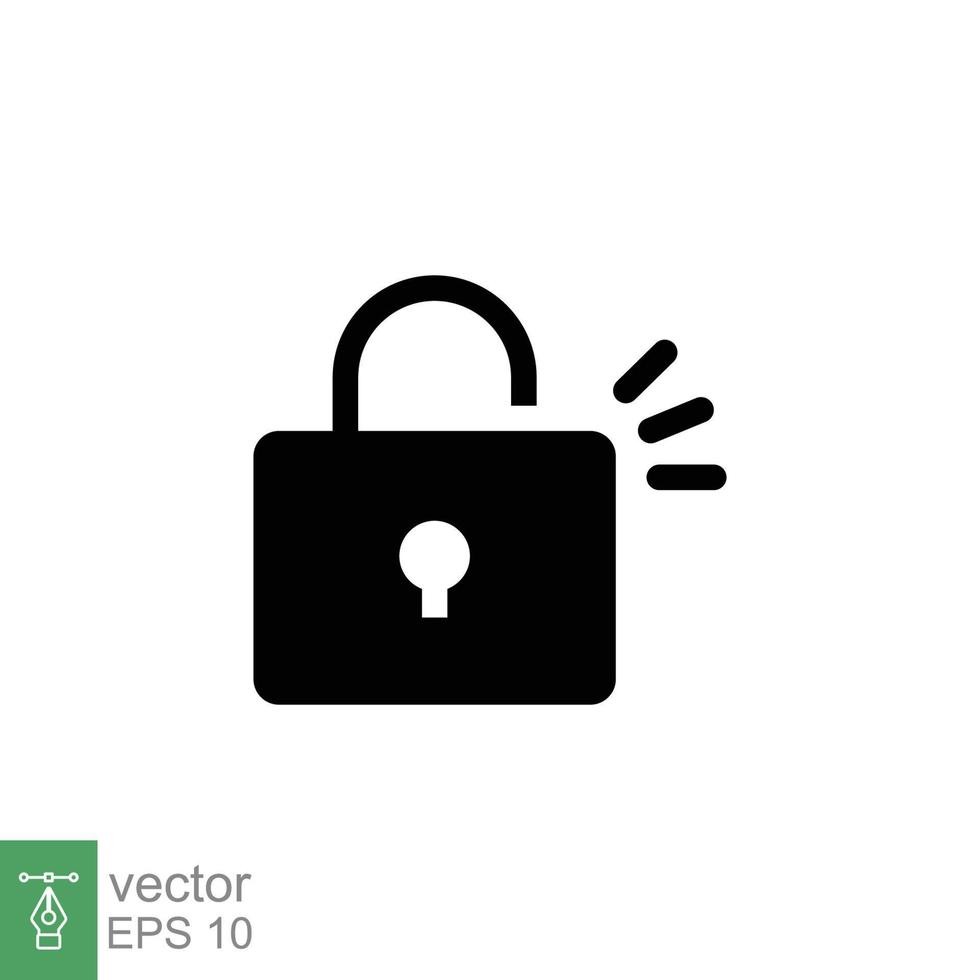 Unlocked lock icon. Simple solid style. Padlock with keyhole, open key, security concept. Black silhouette, glyph vector illustration design on white background. EPS 10.