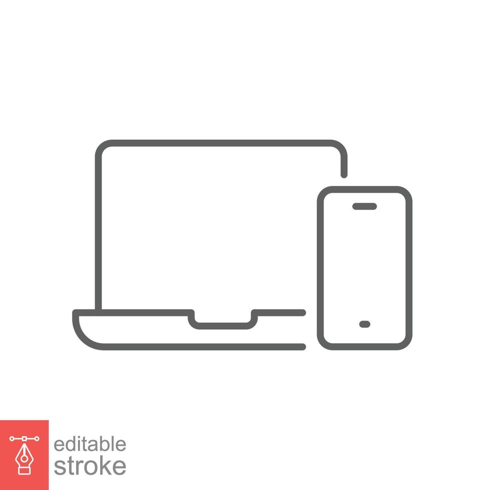 Laptop and mobile phone line icon. Simple outline style. Desktop, device, screen, display, smartphone, responsive concept. Vector illustration isolated on white background. Editable stroke EPS 10.