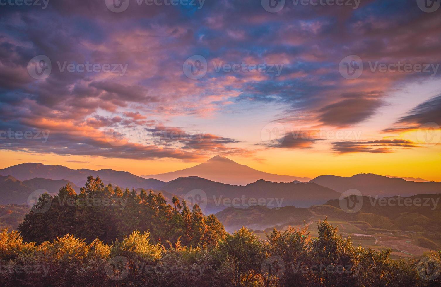 The peak of Mt. Fuji at sunrise in Shizuoka, Japan. photo