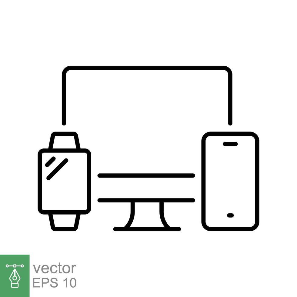 Computer monitor, smartwatch and mobile phone line icon. Simple outline style. Cloud connection between various smart devices concept. Vector isolated on white background. EPS 10.