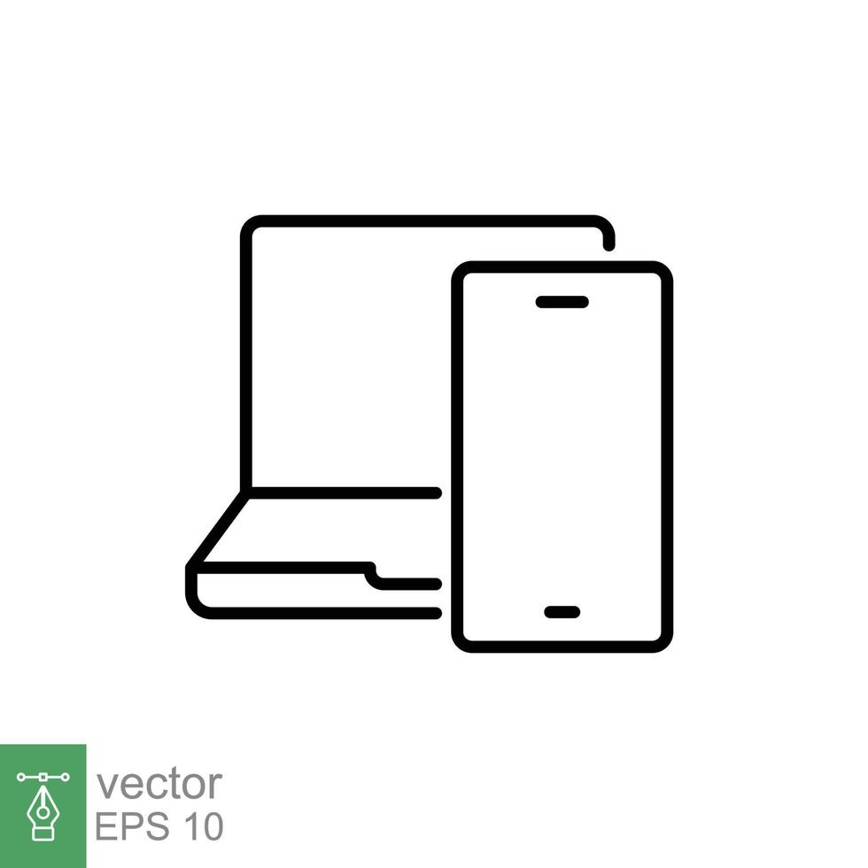 Laptop and mobile phone line icon. Simple outline style. Desktop, device, screen, display, smartphone, responsive concept. Vector illustration isolated on white background. EPS 10.