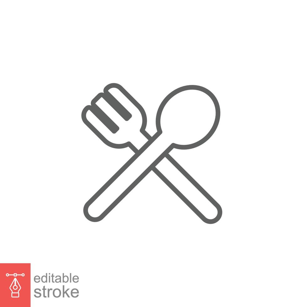 Spoon and fork icon. Simple outline style. Silverware, kitchen, cutlery, table, restaurant concept. Thin line symbol. Vector illustration isolated on white background. Editable stroke EPS 10.