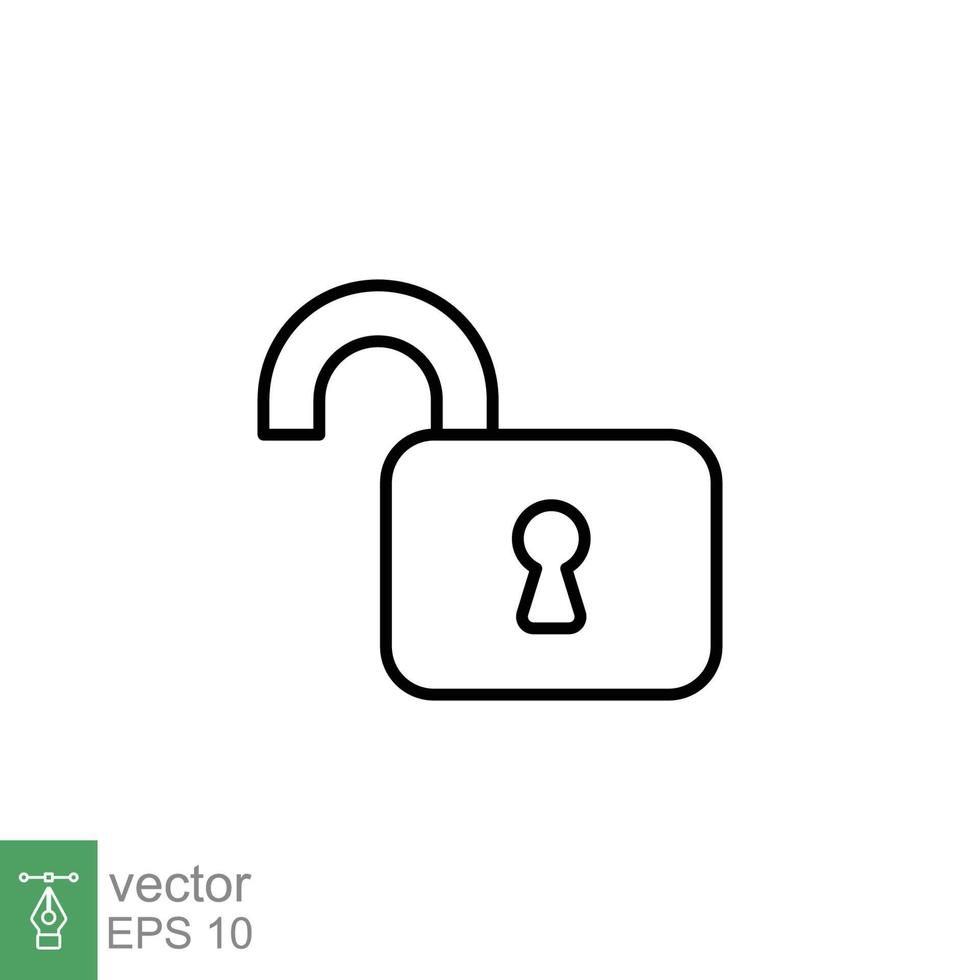 Unlocked lock icon. Simple outline style. Padlock with keyhole, open key, security concept. Thin line vector illustration design on white background. EPS 10.