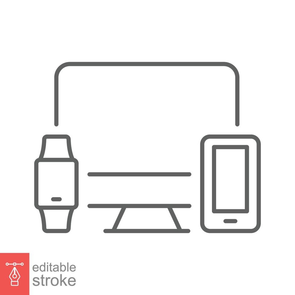 Computer monitor, smartwatch and mobile phone line icon. Simple outline style. Cloud connection between various smart devices concept. Vector isolated on white background. Editable stroke EPS 10.