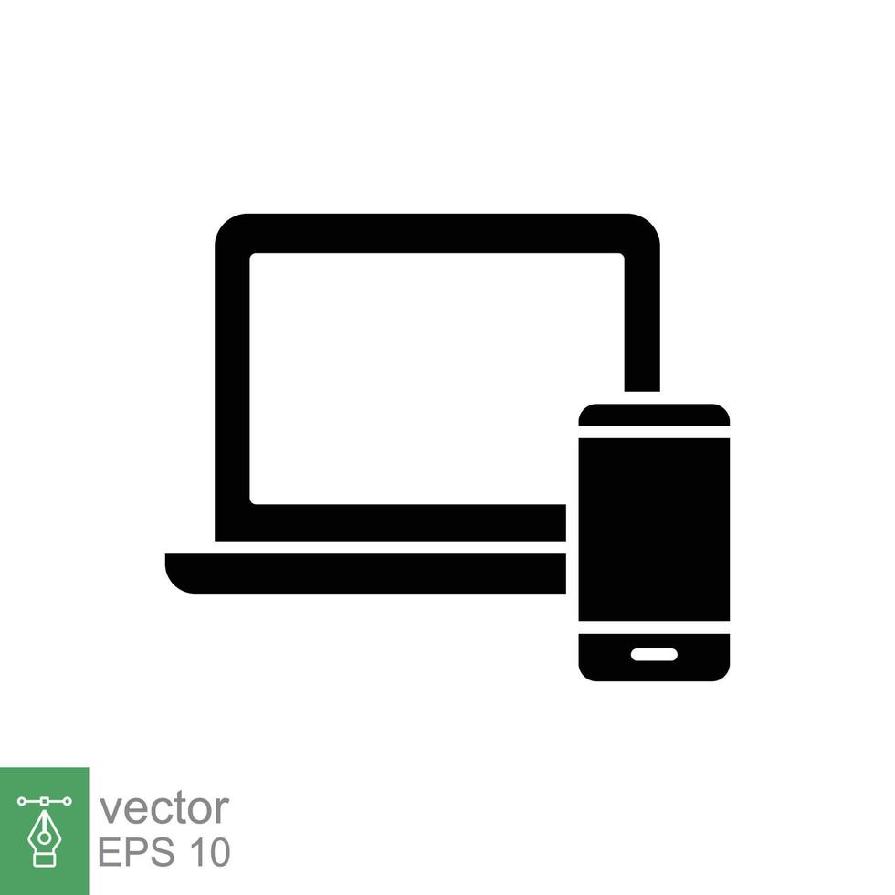 Laptop and mobile phone icon. Simple solid style. Desktop, device, screen, display, smartphone, responsive concept. Black silhouette symbol. Vector illustration isolated on white background. EPS 10.