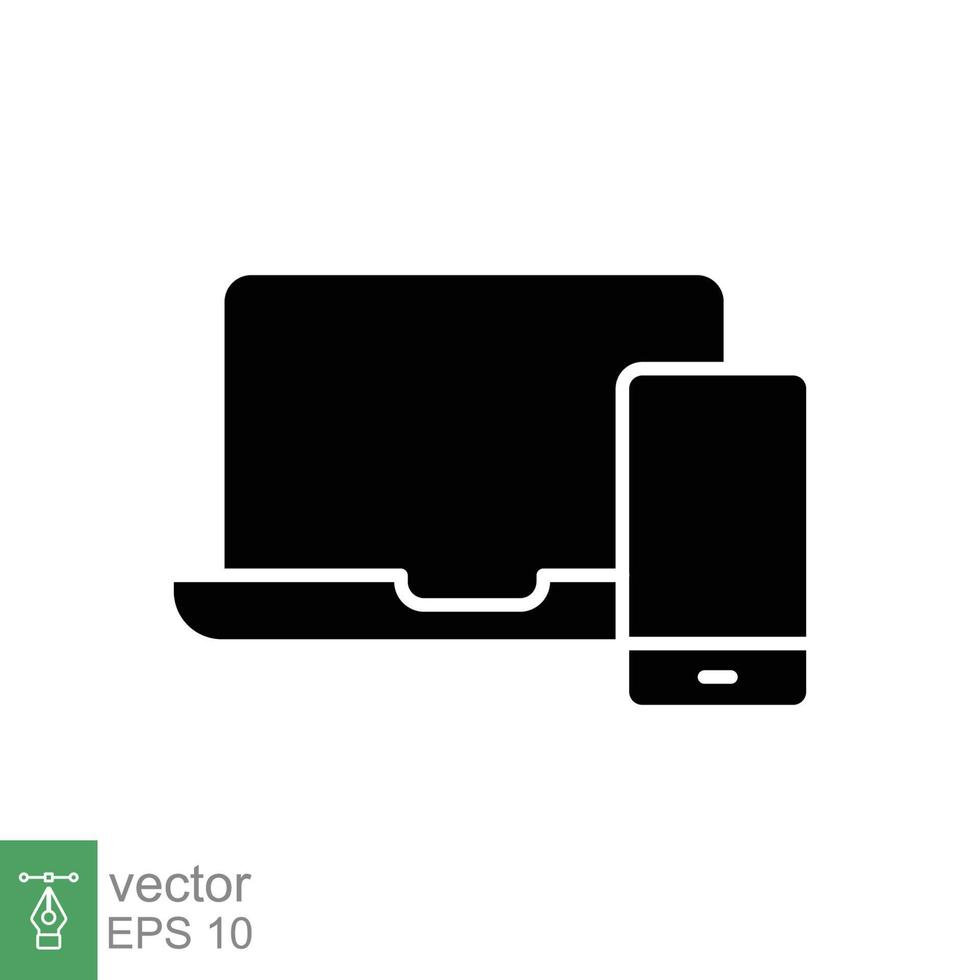 Laptop and mobile phone icon. Simple solid style. Desktop, device, screen, display, smartphone, responsive concept. Black silhouette symbol. Vector illustration isolated on white background. EPS 10.