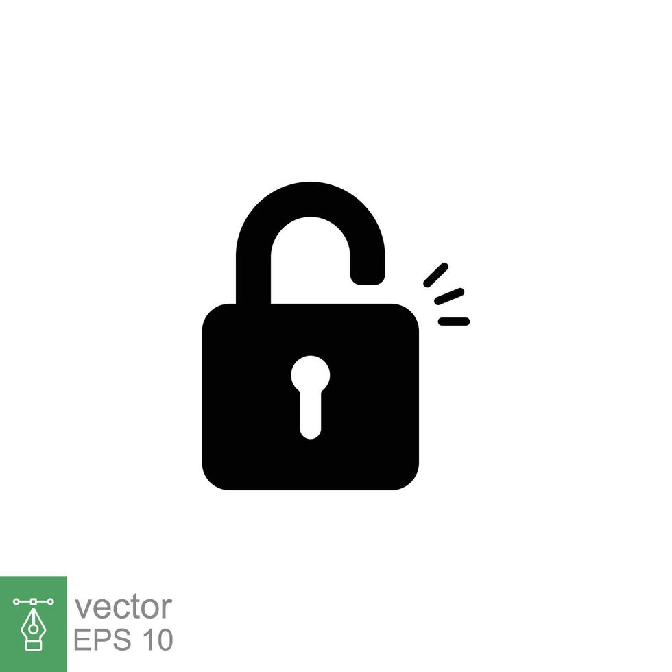 Unlocked lock icon. Simple solid style. Padlock with keyhole, open key, security concept. Black silhouette, glyph vector illustration design on white background. EPS 10.