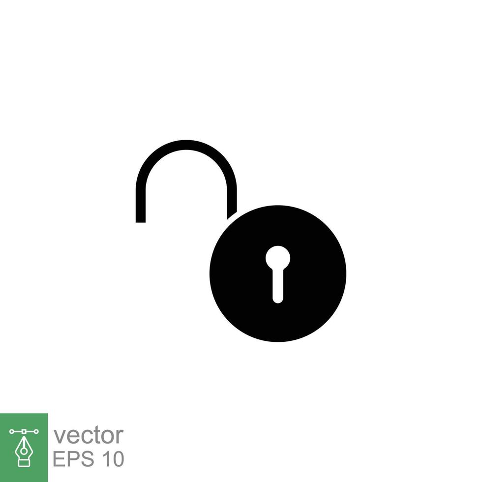 desbloqueado bloquear icono. sencillo sólido estilo. candado con ojo de cerradura, abierto llave, seguridad concepto. negro silueta, glifo vector ilustración diseño en blanco antecedentes. eps 10