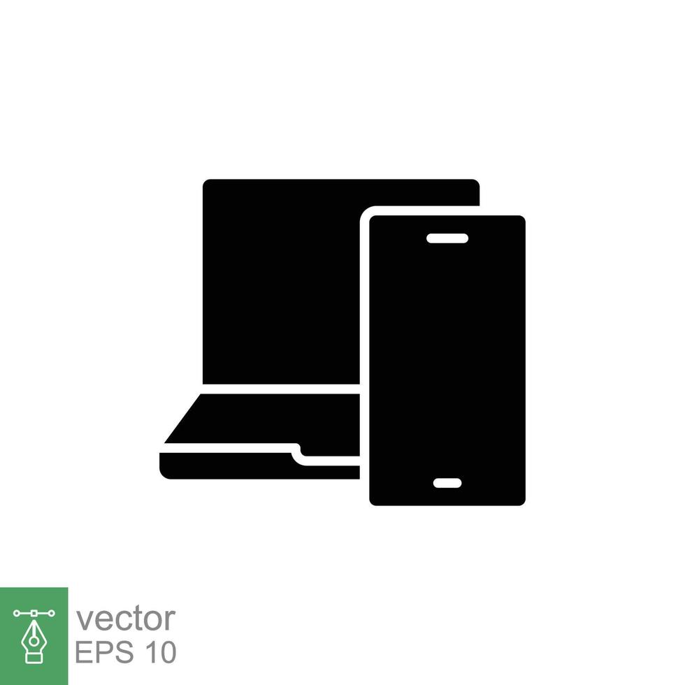 Laptop and mobile phone icon. Simple solid style. Desktop, device, screen, display, smartphone, responsive concept. Black silhouette symbol. Vector illustration isolated on white background. EPS 10.