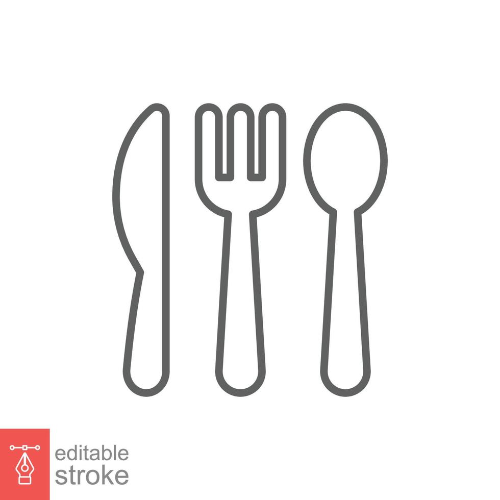 Cutlery line icon. Simple outline style. Flatware, spoon, fork, steak knife, plate, restaurant concept. Vector illustration isolated on white background. Editable stroke EPS 10.