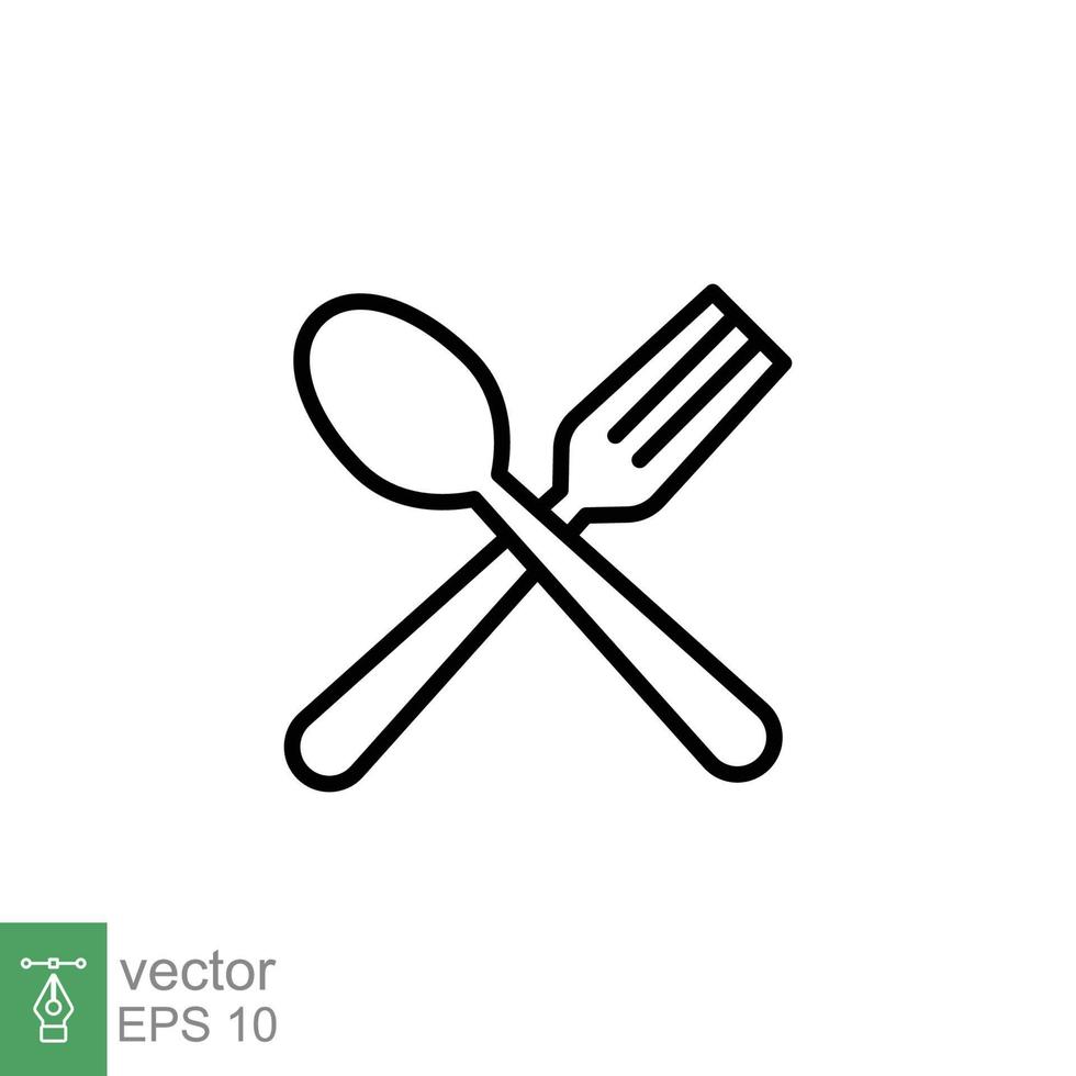 Spoon and fork icon. Simple outline style. Silverware, kitchen, cutlery, table, restaurant concept. Thin line symbol. Vector illustration isolated on white background. EPS 10.