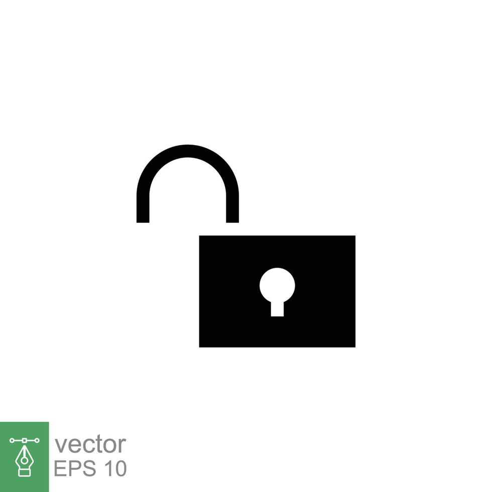 Unlocked lock icon. Simple solid style. Padlock with keyhole, open key, security concept. Black silhouette, glyph vector illustration design on white background. EPS 10.