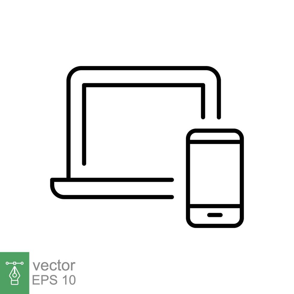 Laptop and mobile phone line icon. Simple outline style. Desktop, device, screen, display, smartphone, responsive concept. Vector illustration isolated on white background. EPS 10.