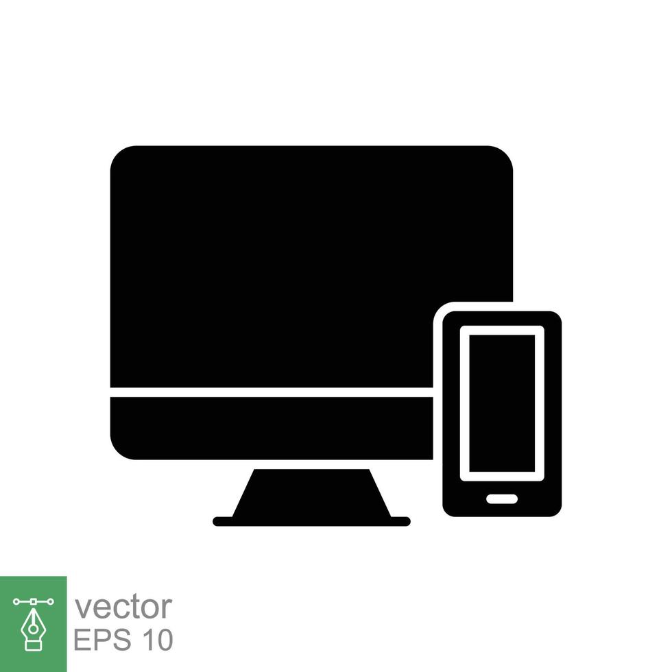 Computer and mobile phone icon. Simple solid style. Desktop, monitor, smartphone, responsive device concept. Black silhouette symbol. Vector illustration isolated on white background. EPS 10.