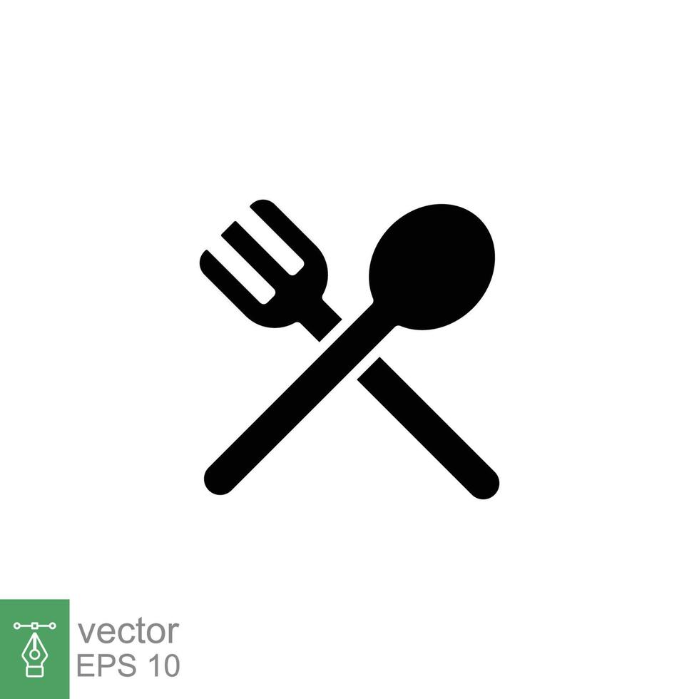 Spoon and fork icon. Simple solid style. Silverware, kitchen, cutlery, table, restaurant concept. Black silhouette, glyph symbol. Vector illustration isolated on white background. EPS 10.