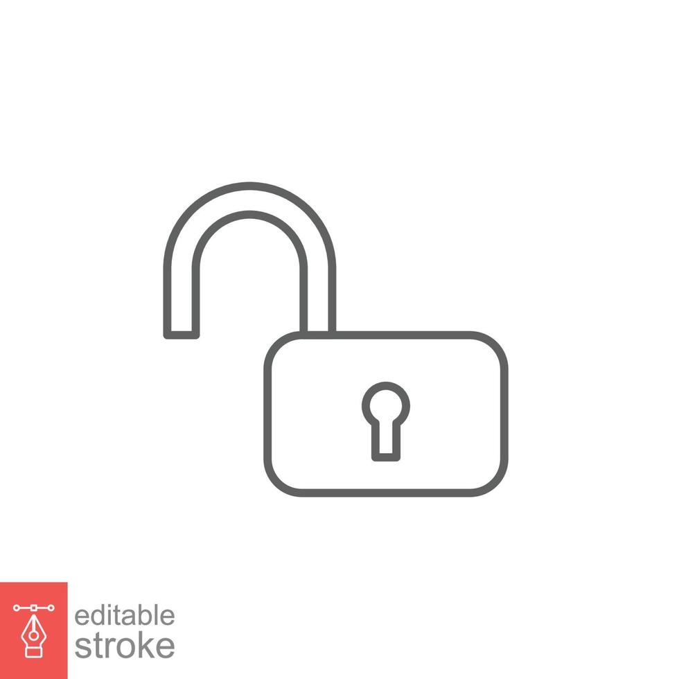 Unlocked lock icon. Simple outline style. Padlock with keyhole, open key, security concept. Thin line vector illustration design on white background. Editable stroke EPS 10.