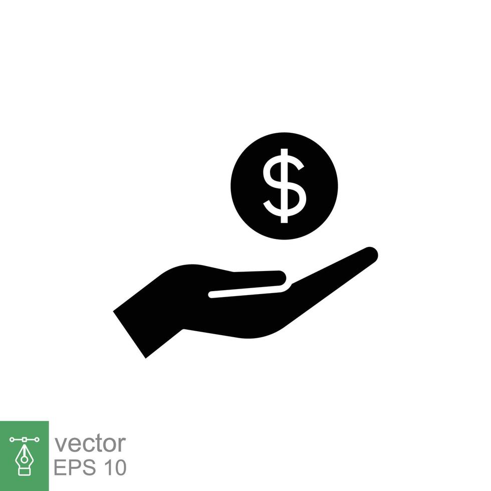 Salary, sell, money, business, buy, hand glyph icon. Simple solid style. Save, cash, coin, currency, dollar, finance concept. Black silhouette vector illustration isolated on white background. EPS 10.