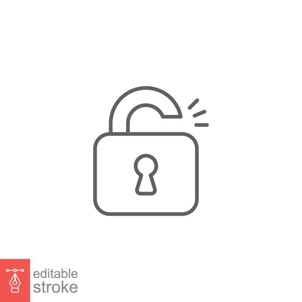 Unlocked lock icon. Simple outline style. Padlock with keyhole, open key, security concept. Thin line vector illustration design on white background. Editable stroke EPS 10.