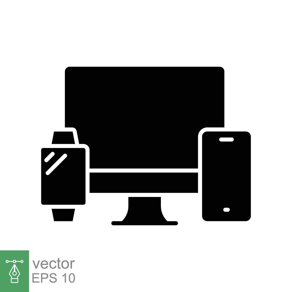 computadora monitor, reloj inteligente y móvil teléfono icono. sencillo sólido estilo. nube conexión Entre varios inteligente dispositivos concepto. negro silueta símbolo. vector aislado en blanco antecedentes. eps 10