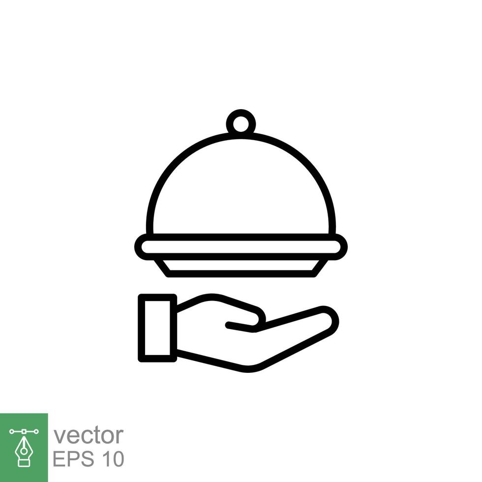 Tray icon. Simple outline style. Hand with a tray, waiter, Butler, platter, restaurant concept. Thin line symbol. Vector illustration isolated on white background. EPS 10.