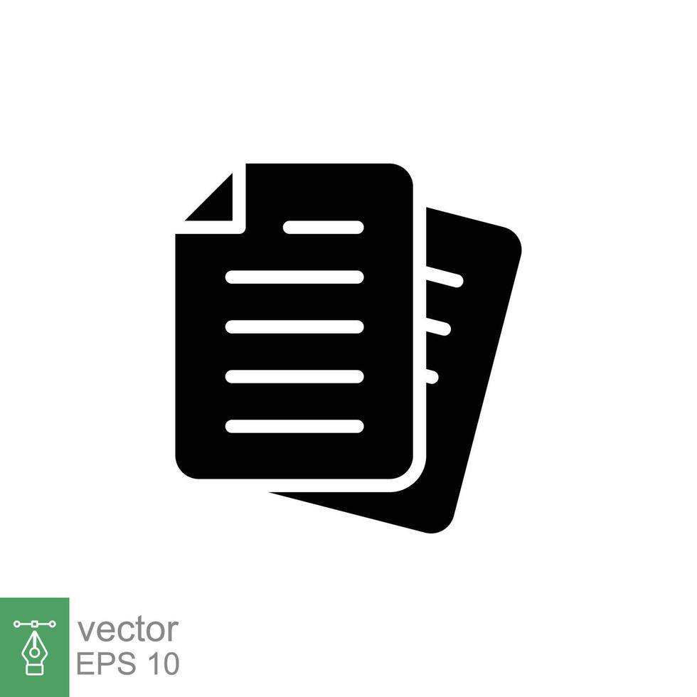 Document icon. Note, information, paper, sheet, pictogram, contract, copy concept. Black silhouette, glyph vector illustration isolated for web design. EPS 10.