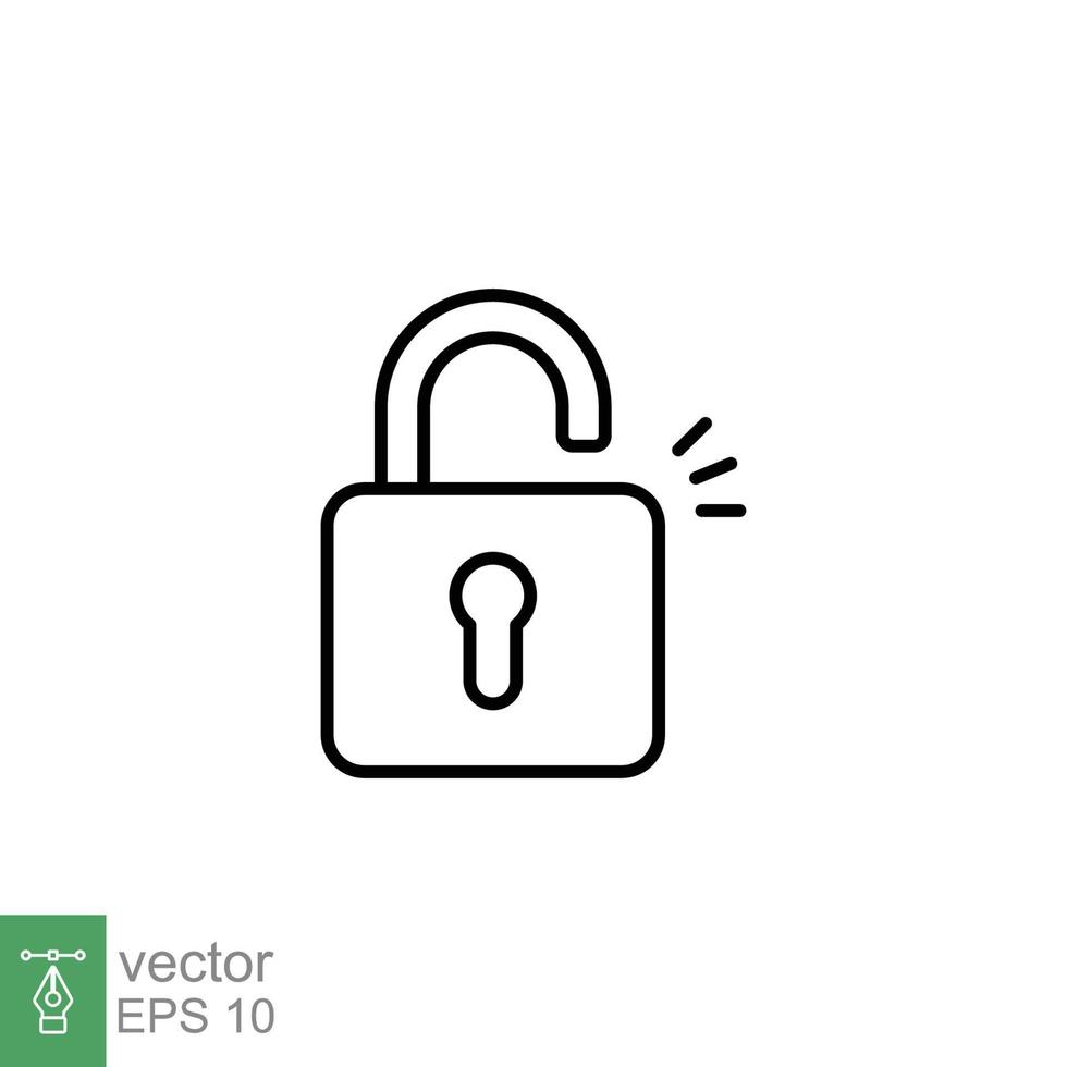 Unlocked lock icon. Simple outline style. Padlock with keyhole, open key, security concept. Thin line vector illustration design on white background. EPS 10.