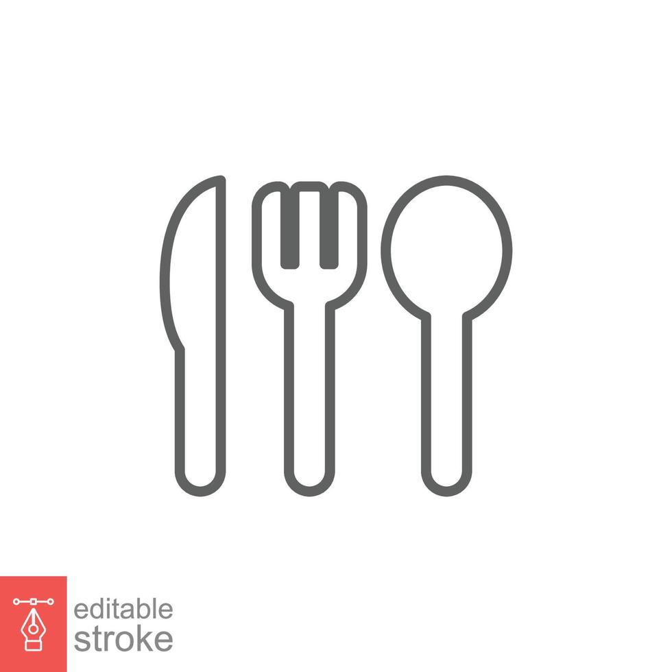 Cutlery line icon. Simple outline style. Flatware, spoon, fork, steak knife, plate, restaurant concept. Vector illustration isolated on white background. Editable stroke EPS 10.