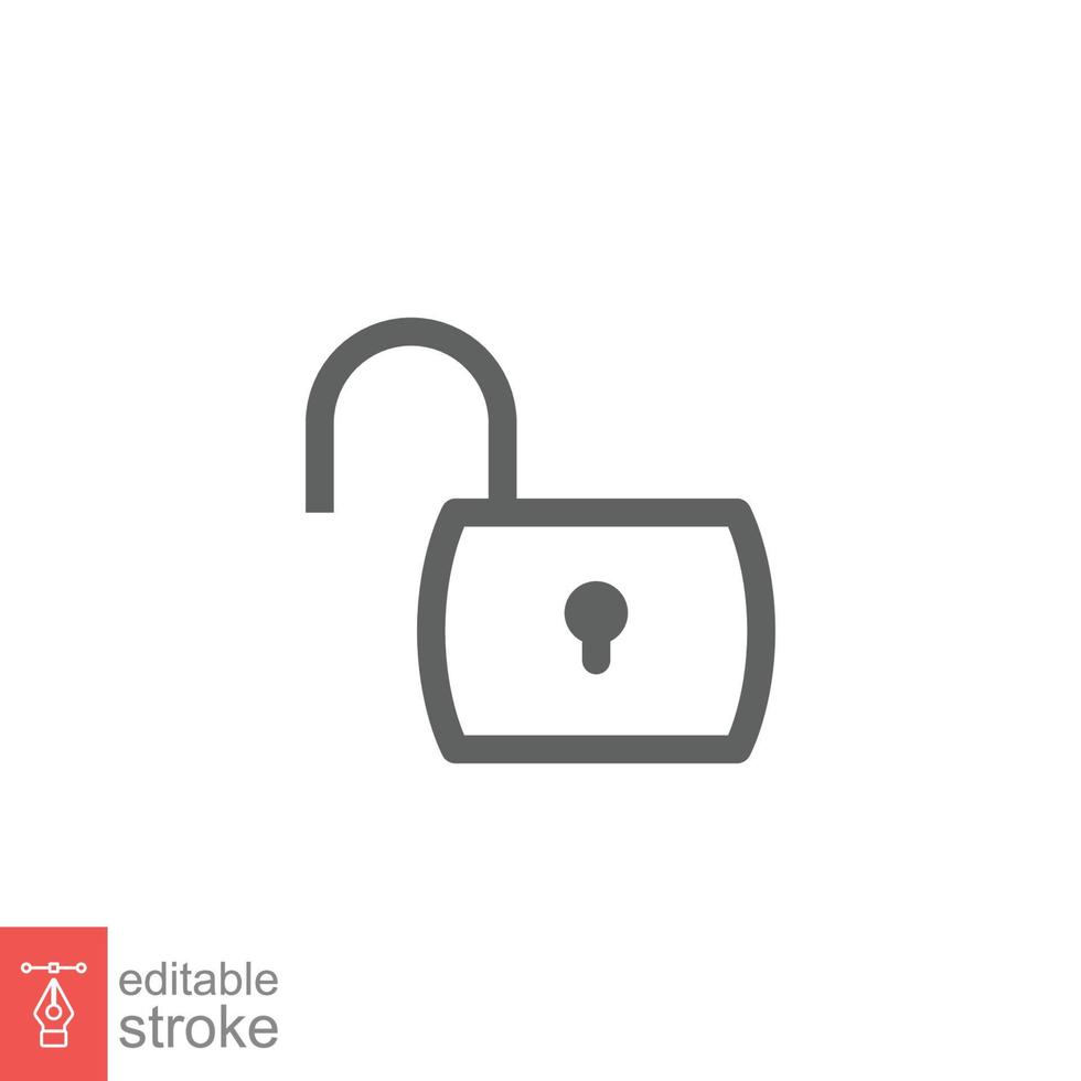 Unlocked lock icon. Simple outline style. Padlock with keyhole, open key, security concept. Thin line vector illustration design on white background. Editable stroke EPS 10.