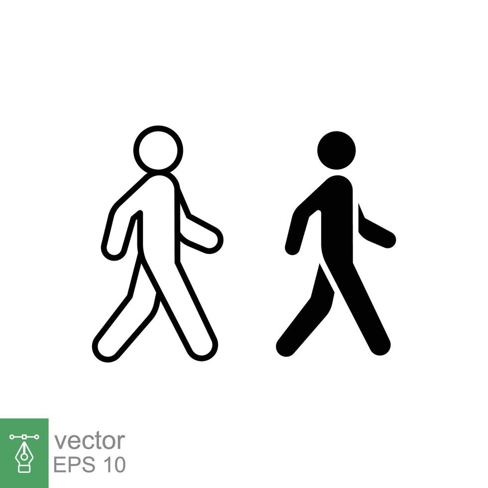 Walk line and glyph icon. Simple outline and solid style. Pedestrian, man, pictogram, human, side, walkway concept symbol. Vector illustration isolated on white background. EPS 10.