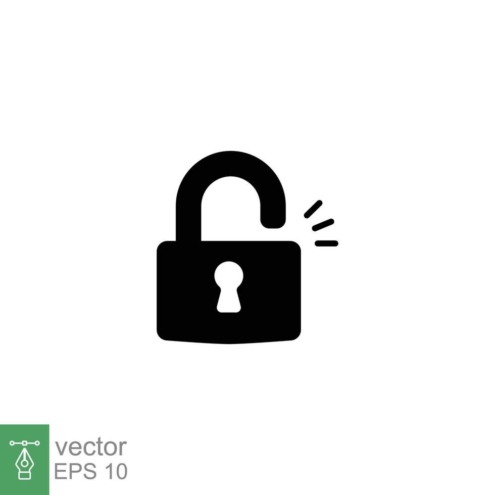 Unlocked lock icon. Simple solid style. Padlock with keyhole, open key, security concept. Black silhouette, glyph vector illustration design on white background. EPS 10.