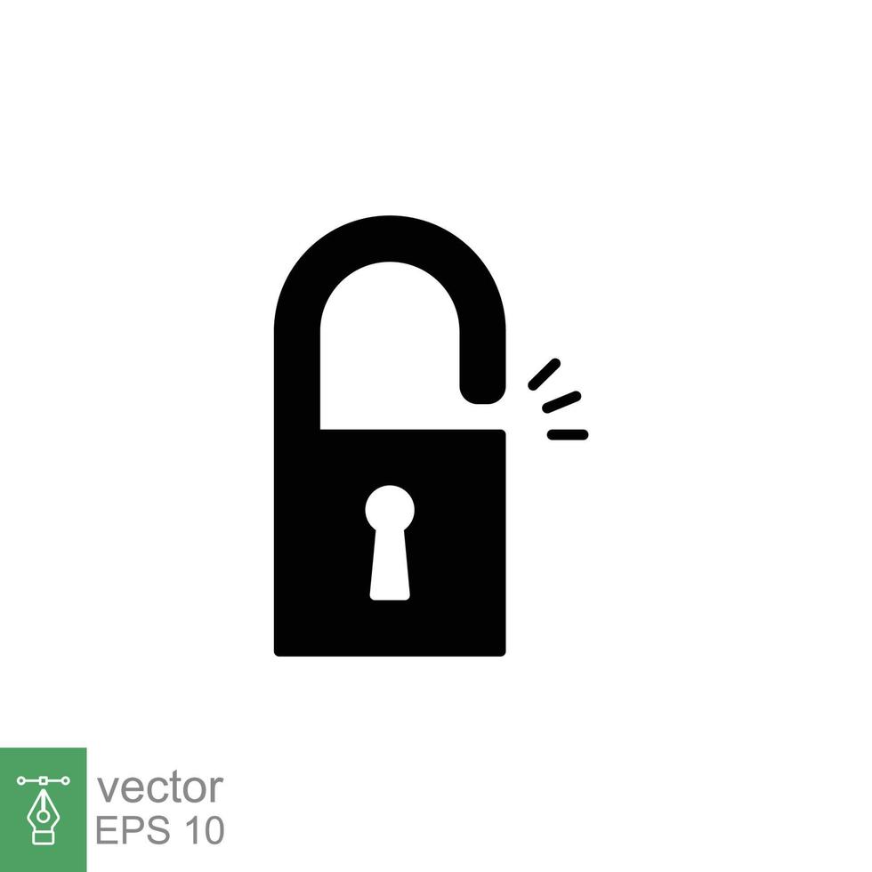 Unlocked lock icon. Simple solid style. Padlock with keyhole, open key, security concept. Black silhouette, glyph vector illustration design on white background. EPS 10.